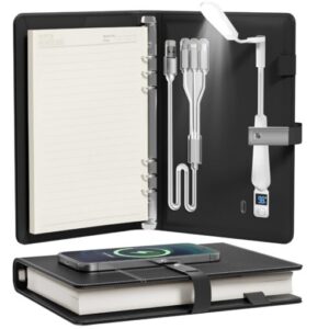 Premium multi-functional smart diary with wireless charging, LED logo, temperature display, and USB connectors for corporate gifting and executives