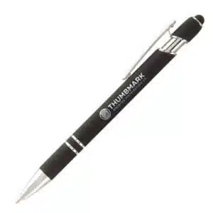 Black stylus pen with touchscreen tip, suitable for corporate gifting and office use
