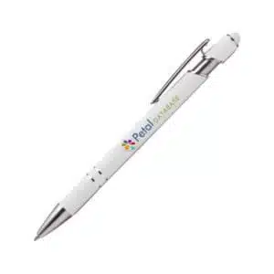 White stylus pen with touchscreen tip, ideal for corporate gifting and professional office use