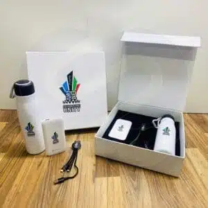 Unity Tech Corporate Gift Box open with power bank, Bottle on office desk