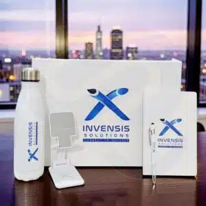 Executive essentials box with white leather notebook, stylus metal pen, mobile stand, and stainless steel bottle in premium gift box from CGS