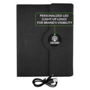 Glowing company logo on Multifunctional Notebook 2.0 while charging – gifts for clients