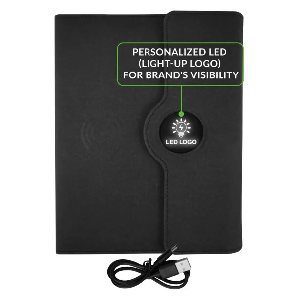 Glowing company logo on Multifunctional Notebook 2.0 while charging – gifts for clients