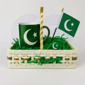 Azadi celebration gift basket with mini flag, ceramic mug, and badge for 14 August corporate gifting from CGS