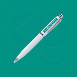 Custom white metal pen with laser engraved logo for corporate gifting from CGS