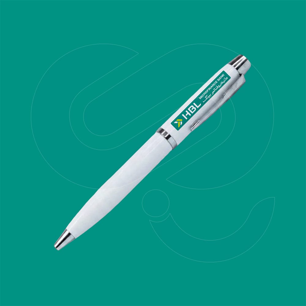 Custom white metal pen with laser engraved logo for corporate gifting from CGS