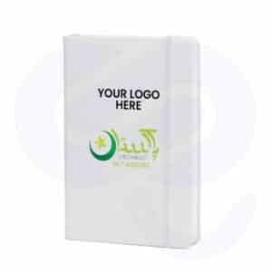 14 August customized notebook with green and white cover and company logo from CGS