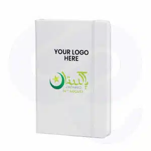 14 August customized notebook with green and white cover and company logo from CGS