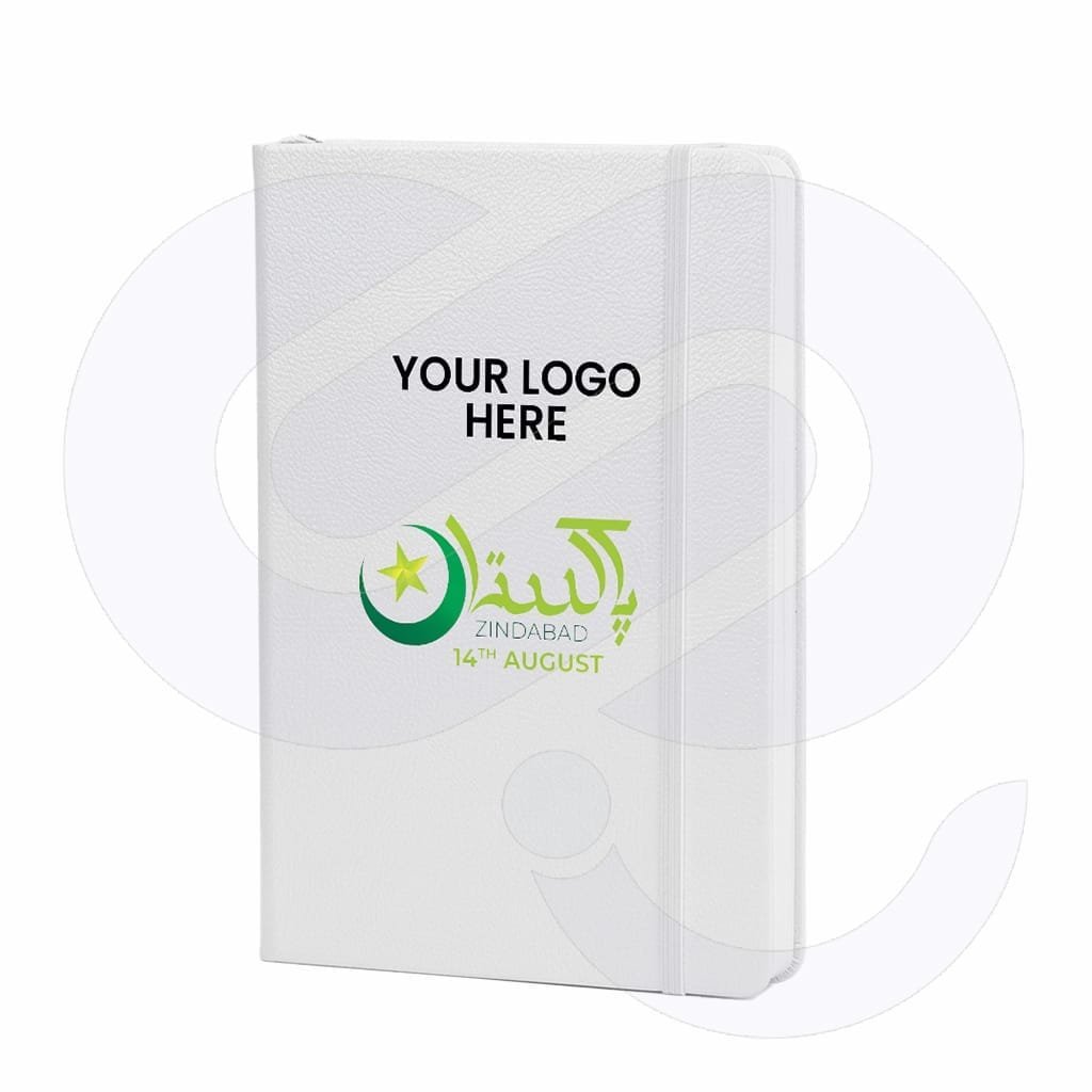 14 August customized notebook with green and white cover and company logo from CGS