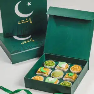 Corporate sweet gift box for independence day with green white theme and company logo from CGS