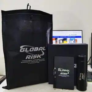 Classic corporate gift box with leather notebook, LED temperature bottle, and metal pen from CGS